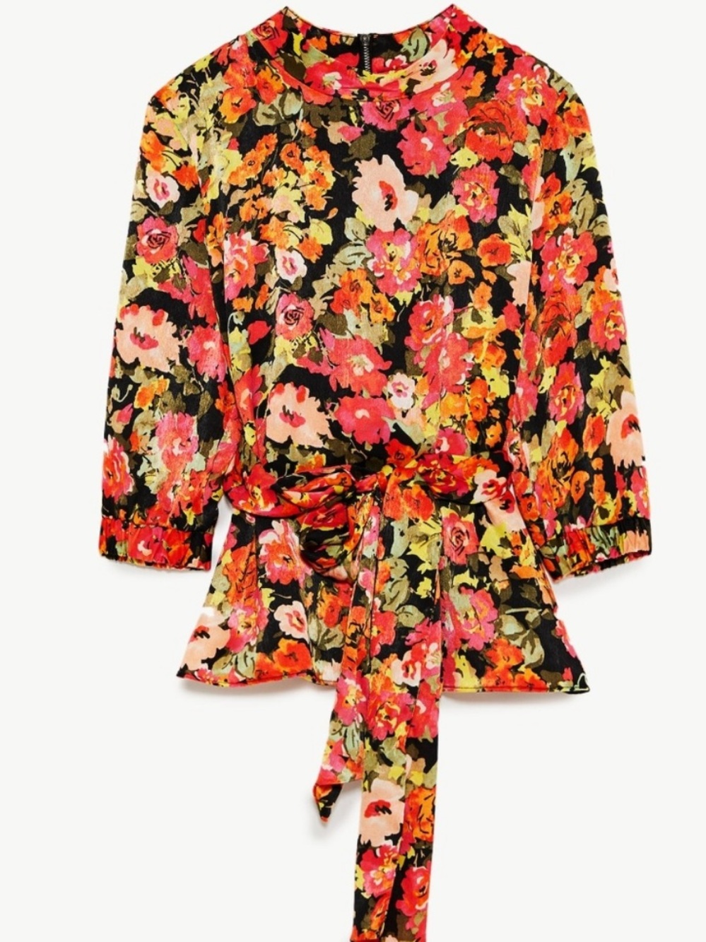ZARA Floral Mock Neck Waist Tie Blouse Romantic Cottagecore Top size XS